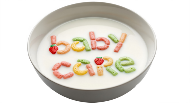 Baby care message in cereal letters with strawberries in milk bowl with transparent background