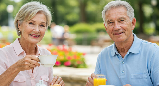 Smiling senior couple enjoying breakfast together outdoors with coffee and orange juice on a bright, sunny day in the garden