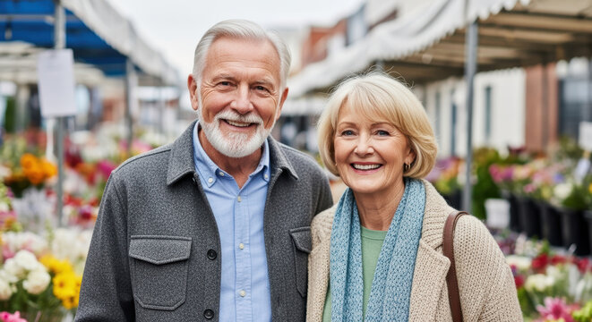 Smiling senior couple enjoying a stroll through a vibrant outdoor flower market on a sunny day, surrounded by colorful blossoms
