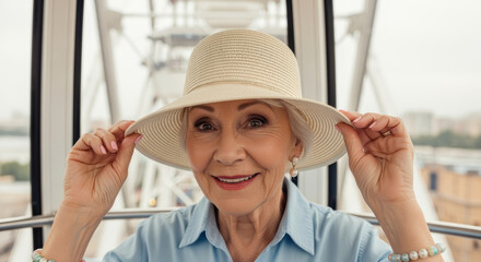 Elegant senior woman enjoying a day at the fair, smiling and adjusting her wide brimmed hat while riding a city ferris wheel
