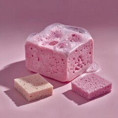 Frothy pink sponge and smaller squares on a pink surface.