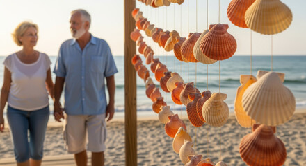 Active senior couple walking by hanging seashell decorations along a sunny seaside beach during a warm summer evening