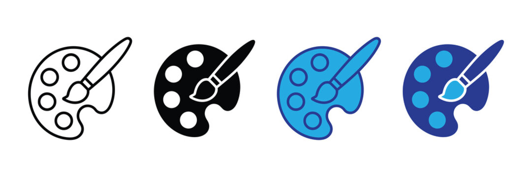 Paint palette and brush icon set in various styles, symbolizing creative art, artist tools, and design concepts. isolated on white background