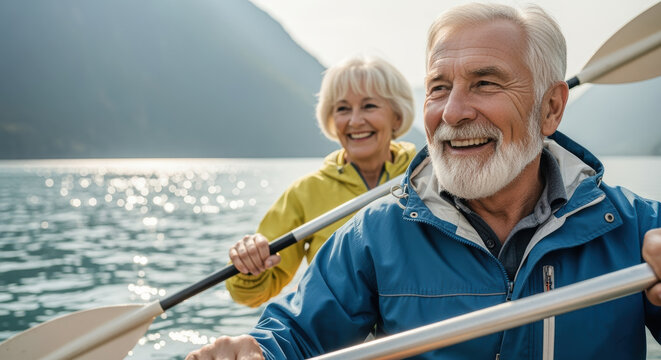 Senior couple kayaking together on a peaceful mountain lake under sunlight, enjoying outdoor adventure and leisure time - Powered by Adobe