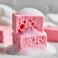 Pink sponges are stacked and covered in refreshing foam.