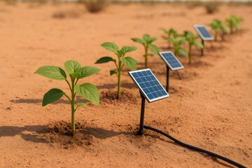 Small Solar Panels Watering Plants in Desert Garden