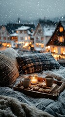 Warm and Cozy Winter Evening With Soft Lighting and Snowfall Outside Generative AI