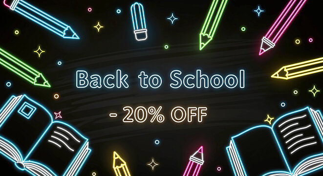 Back to School 20 Percent Off Banner with Neon Stationery Icons and Study Theme for Education Discount Promotion
