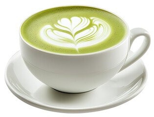 matcha latte art in a white ceramic cup isolated on transparent background