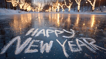 Words Etched in Ice Celebrate New Year on a Frozen Lake With Winter Lights Generative AI