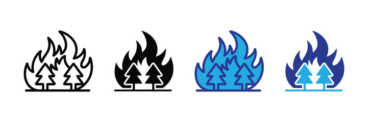 Forest fire icon set showing trees engulfed in flames, symbolizing environmental danger and destruction isolated on white background