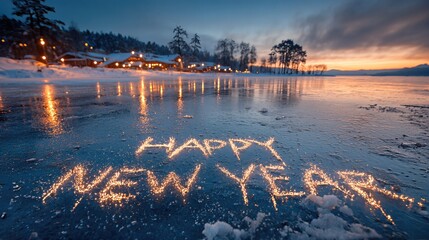 Happy New Year Written on a Frozen Lake With Festive Decorations in Winter Scenery Generative AI