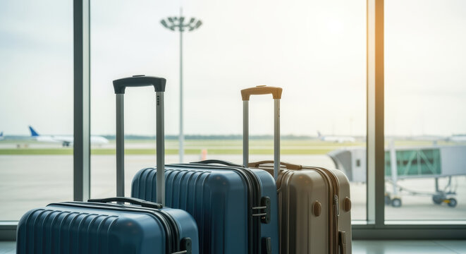 Modern suitcases standing near airport window with aircraft in background during early morning departure and travel preparations