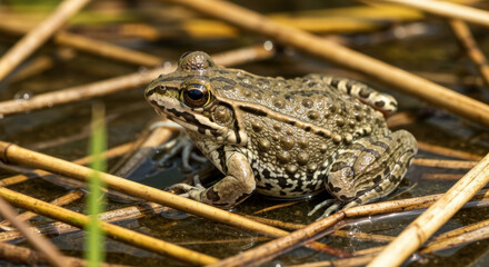 Spotted brown frog resting on wet reeds in natural marsh habitat with intricate skin texture and camouflaged patterns