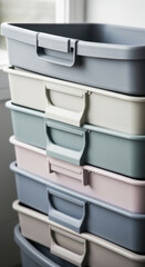 Stacked plastic storage bins in muted pastel colors by a window, neatly organized for home or office space organization and decluttering
