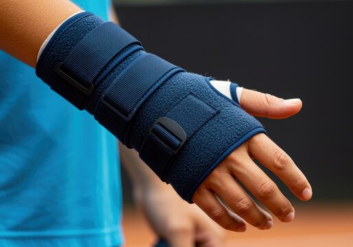 Close up of a person's hand and wrist wearing a blue orthopedic support brace during physical recovery in an outdoor setting