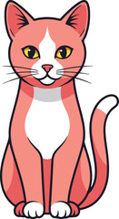 a sleek pink and white cat with yellow eyes, sitting upright and looking directly forward.