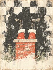 Santa's Legs Peek out of the Chimney in a Vintage Holiday Illustration Generative AI