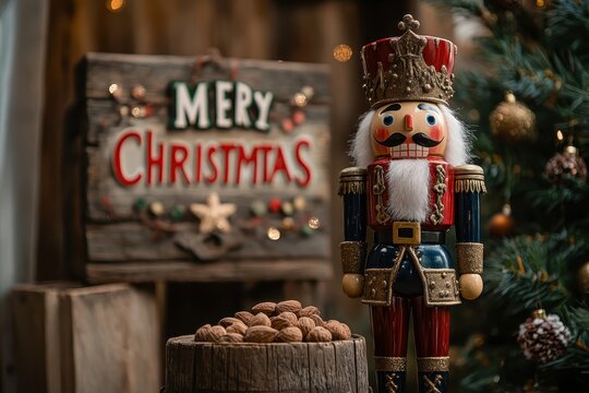 Christmas Nutcracker with "Merry Christmas "Greeting. A king nutcracker standing behind Merry Christmas greeting in home with rustic decor, a wooden bucket of assorted nuts and Christmas tree in foreg