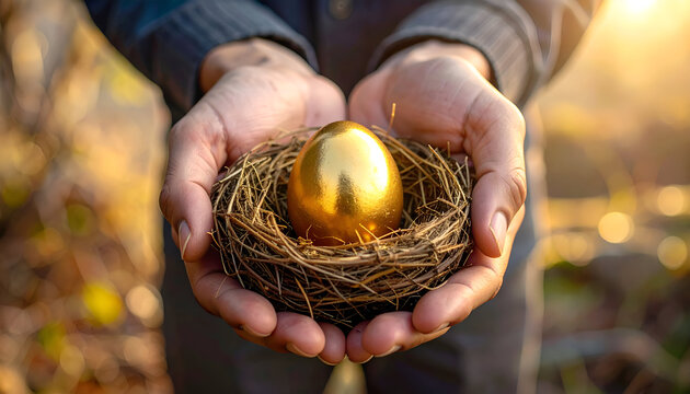 Concept of investment and protection with human hands cradling golden egg nest on wooden background.