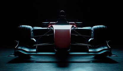 A sleek racing car front view with dramatic lighting.