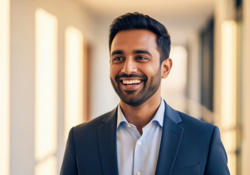 Confident young professional man smiling in modern office hallway with natural light and clean corporate architecture