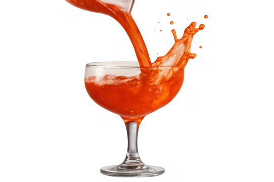 Red liquid pouring into glass creating vibrant splash, refreshing drink movement, transparent background