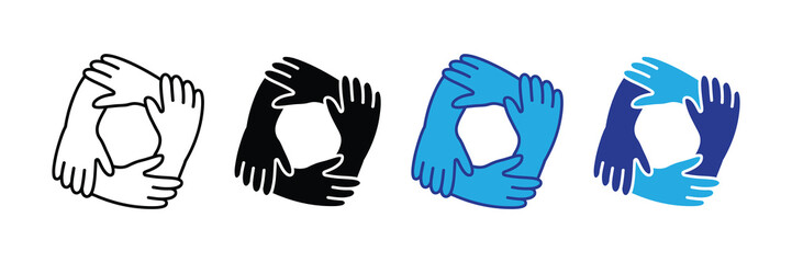 Teamwork hand circle logo concept vector set, four hands together illustrating collaboration, unity isolated on white background