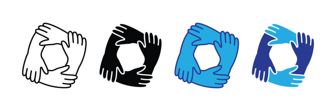 Teamwork hand circle logo concept vector set, four hands together illustrating collaboration, unity isolated on white background