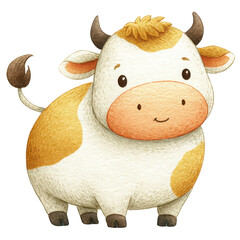 Cute Cartoon Cow with Orange Spots, Watercolor Illustration Clipart