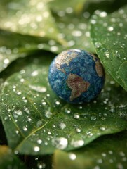 Miniature blue earth globe resting on fresh green leaves with water droplets close up eco concept ideal for sustainability environmental design and nature themed visuals