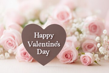 Chocolate heart shape with Happy Valentines Day text surrounded by pink roses soft light background perfect for romantic greetings cards and holiday marketing visuals