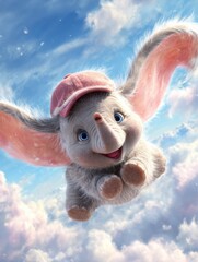 Adorable baby elephant with large ears flying in blue sky among clouds fantasy character illustration ideal for children books animated stories and cute toy branding