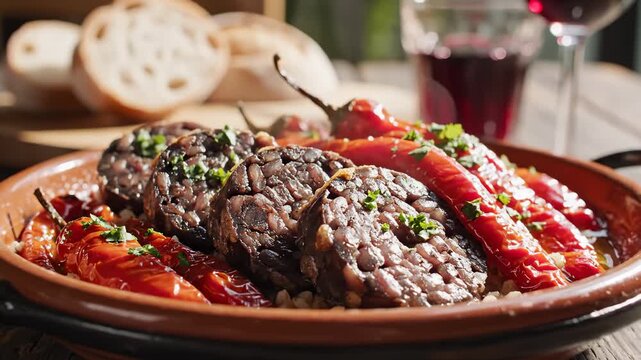 Morcilla Spanish Black Pudding and Roasted Red Peppers Presented in Terracotta Bowl