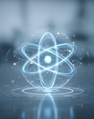 Glowing blue atomic structure floating above surface symbol of energy science and innovation ideal for technology backgrounds and futuristic concept visuals