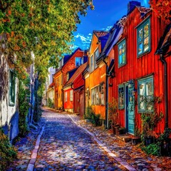 Colorful buildings line a cobblestone street in a quaint European town.