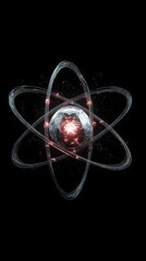 Dark abstract atomic model with glowing red nucleus and transparent electron orbits futuristic 3d visualization ideal for science energy and technology backgrounds