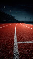 Empty red running track under stadium lights at night minimal sports background perfect for motivation concepts athletic training visuals and endurance themes