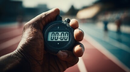 Athlete hand holding stopwatch on running track close up sports timing and performance measurement concept ideal for fitness motivation and competition visuals