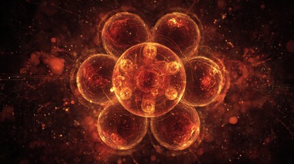 Fiery orange glowing fractal abstract pattern resembling atomic core or digital energy field perfect for futuristic art backgrounds and sci fi concepts