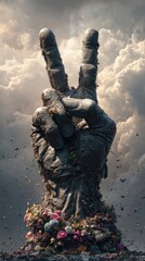 Giant stone hand forming peace sign rising from earth surrounded by clouds and flowers symbolizing unity hope and environmental awareness in surreal style