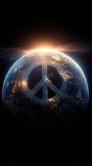 Planet Earth glowing in space with peace symbol illuminated by sunrise representing unity global hope and environmental awareness in futuristic concept
