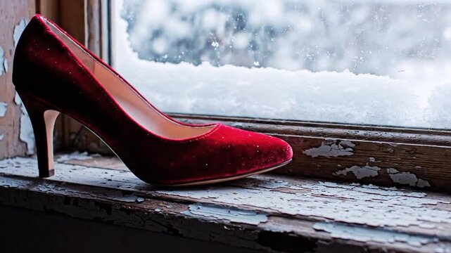 Elegant red velvet high heel shoe on a weathered windowsill in winter