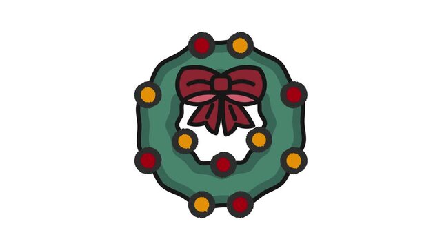 4k footage of Christmas wreath with red bow decoration, golden and red ornaments while snow as the background footage.