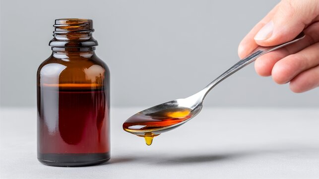 Close-up of female hand pouring syrup from a bottle into a spoon - Powered by Adobe