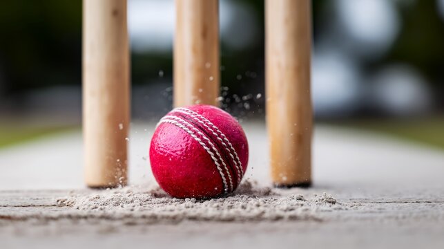 Red cricket ball hits wooden wicket during a match outdoors