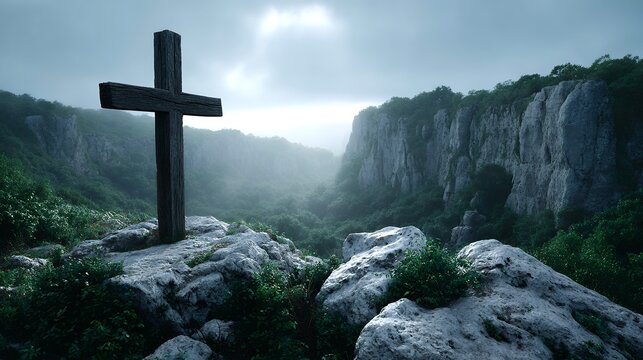 Wooden crucifix stands against dramatic mountain sunlight - Powered by Adobe