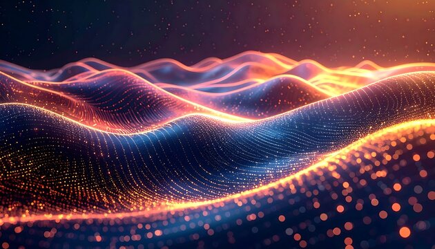 Abstract digital landscape with flowing, glowing particles creating a dynamic, undulating terrain effect