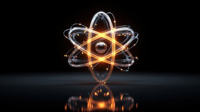 Glowing atom model with orbiting electrons over dark background symbolizing nuclear energy science and innovation perfect for technology or education visuals
