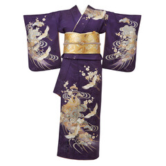 Naklejka premium Elegant Purple Kimono with Gold and Silver Floral and Wave Motifs Isolated on Transparent Background